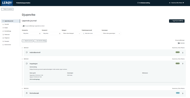 Screenshot running journal: Overview of documentation related to a locality, presented chronologically.