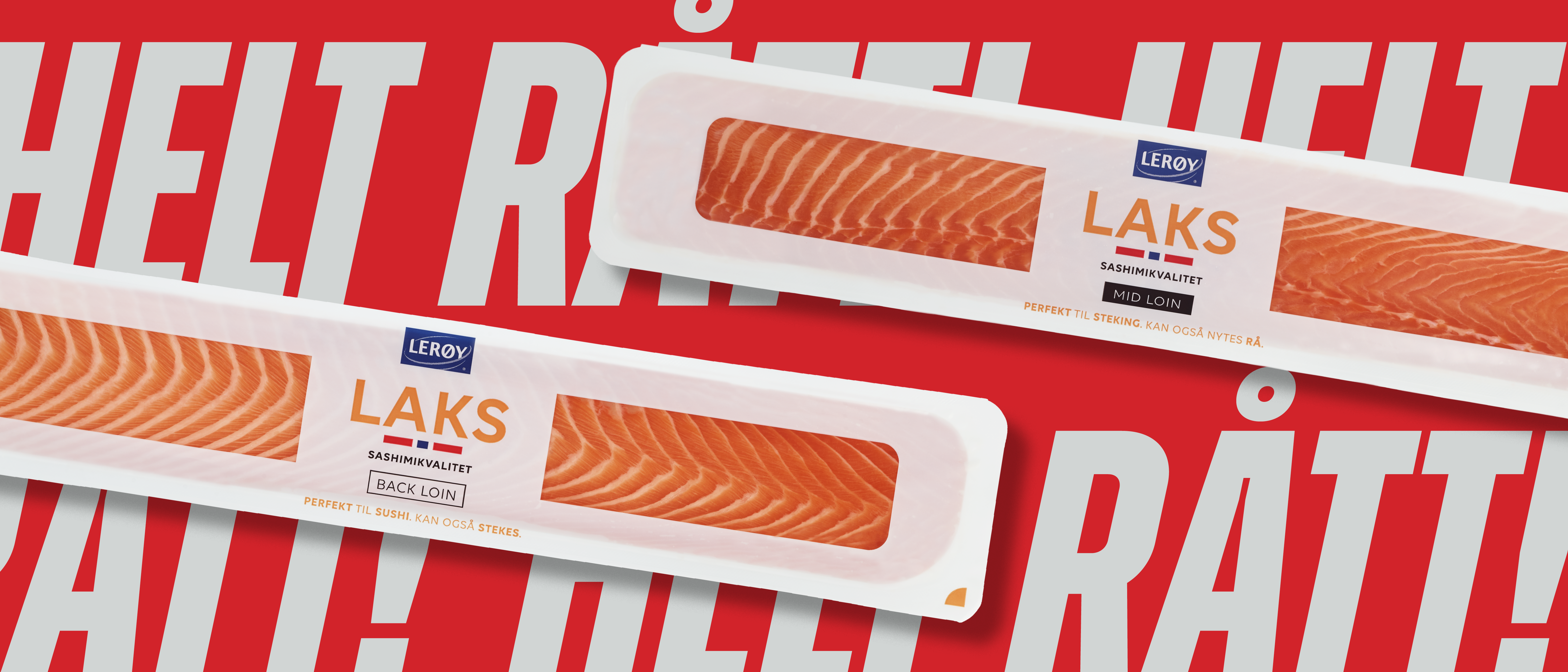 Lakseloin i forpakning sett forfra oppå rød bakgrunn med teksten "Helt rått"