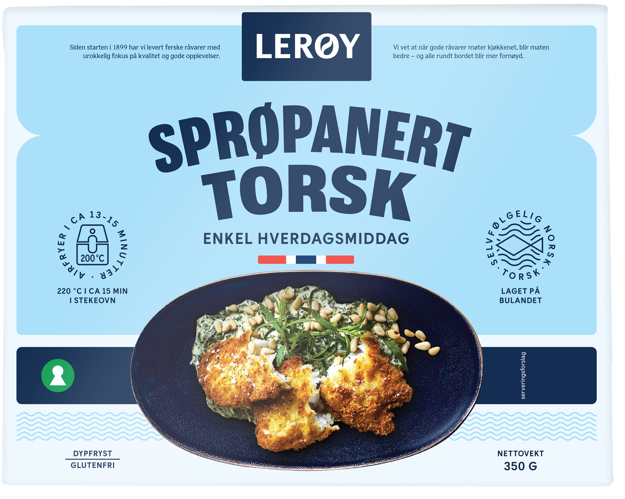 Firkantet blå forpakning med teksten "Sprøpanert torsk"