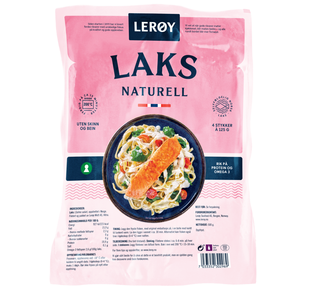 Rosa forpakning med teksten LAKS Naturell