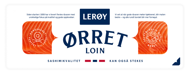 Liten forpakning av en ørretloin hvor man kan se ørreten og den dype oransje-rød fargen. På midten står teksten: Ørret loin