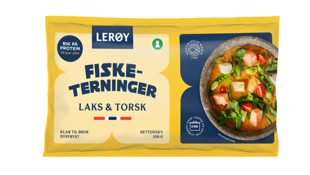 Avlang gul forpakning med teksten "fisketerninger"