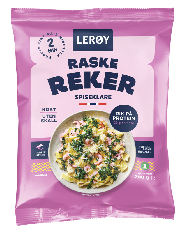 rosa avlang forpakning med teksten Raske Reker