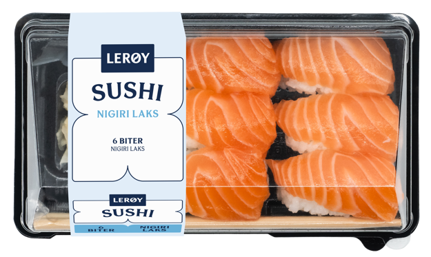 Et sushibrett med 6 biter nigiri med laks.