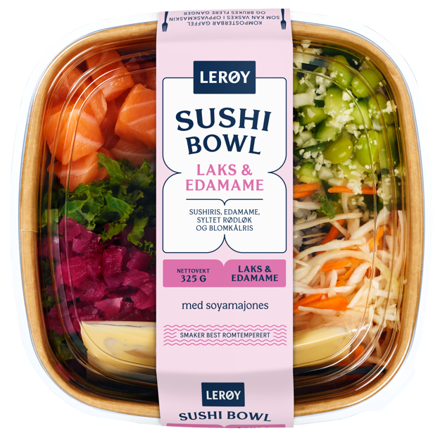 Sushibowl med laks og edamame. Forpakningbilde