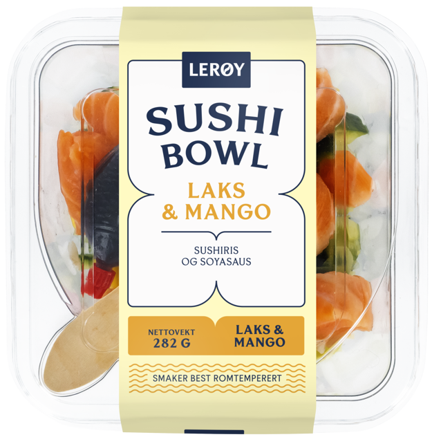 Sushibowl med laks og mango forpakning
