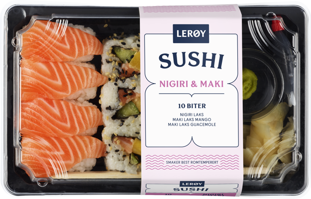 Sushi nigiri og maki med laks 10 biter forpakningsbilde